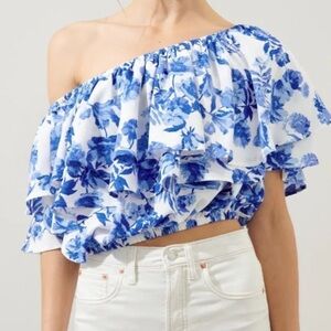 Sugarlips Off Shoulder Blue Floral Ruffle Crop Top